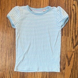 Mini Boden Girls Light Blue and White Stripe Short Sleeve Pointelle Top 7-8Y